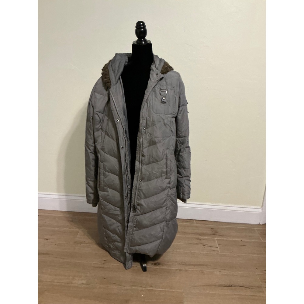 Ruff Hewn Mens XL Grey Down Feather Puffer Coat Faux Fur Hood Parka